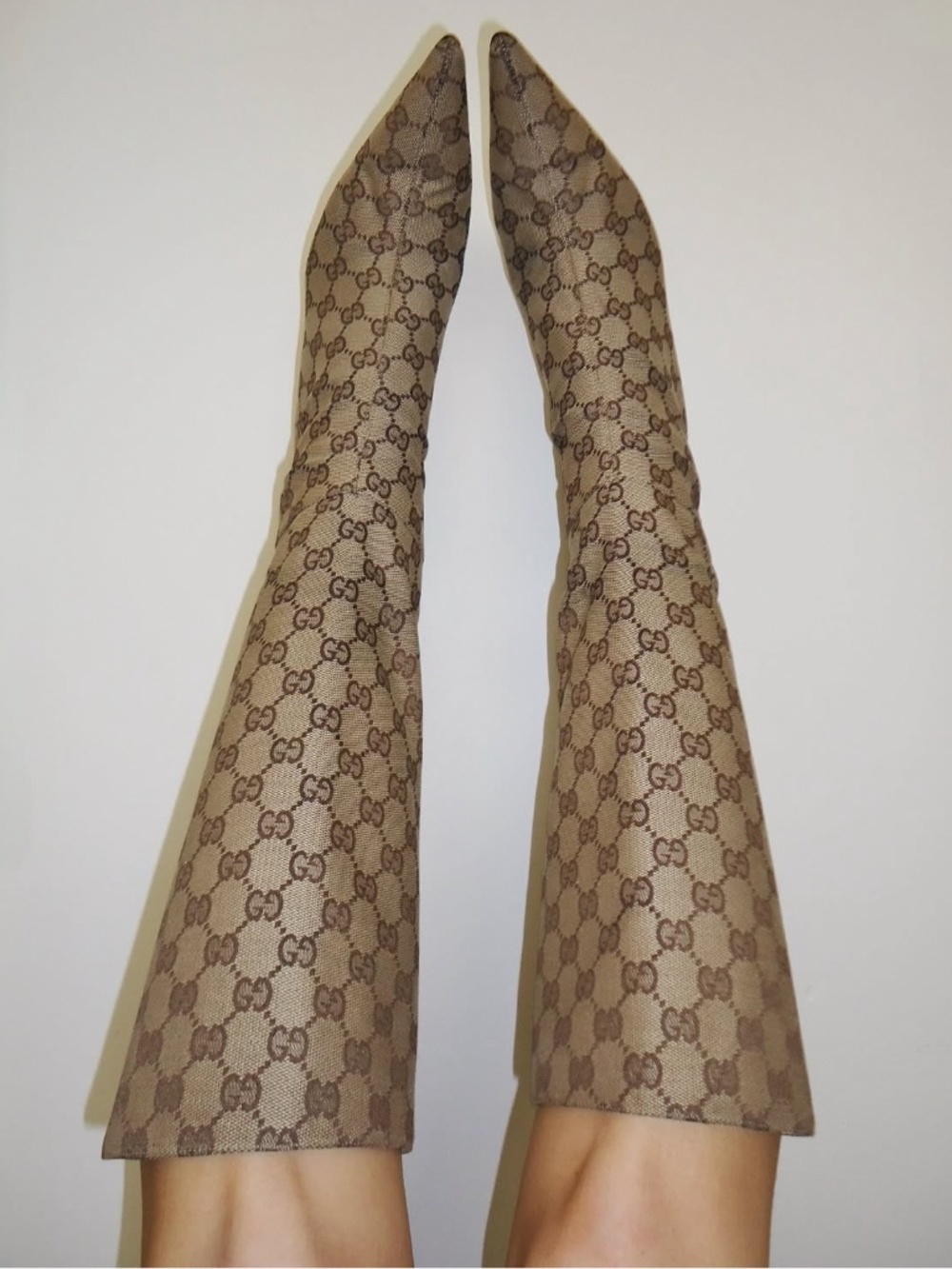 Gucci Beige/Brown GG Canvas Pointed Toe Knee Length Boots Size 37